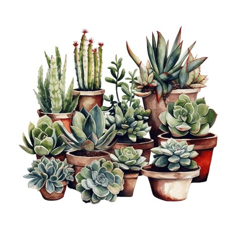 Uma aquarela de uma coleção de plantas suculentas e cactos em vasos