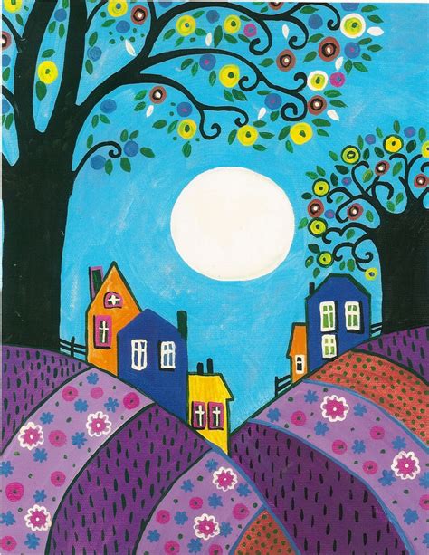 X Folk Art Print Painting Ryta Lavender Hills Trees Abstract Moon