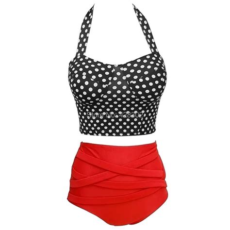New Dots Red Halter Plus Size Swimwear Push Up Swimsuit Vintage High Waist Bikini For Women
