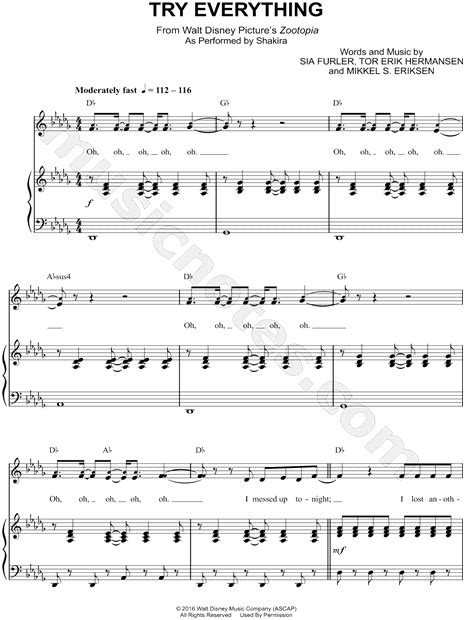 Shakira Try Everything Sheet Music In Db Major Transposable