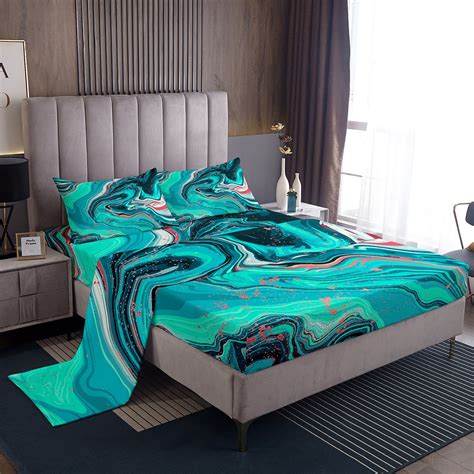 Yst Abstract Teal Aqua Twin Sheet Set Turqoise Marble Sheets Pink