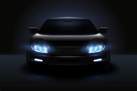 Composición realista de luces led de coche con silueta oscura de