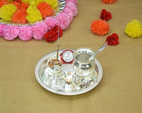 GoldGiftIdeas 7 Inch Kalash Tarbhana Silver Plated Pooja Thali Set For