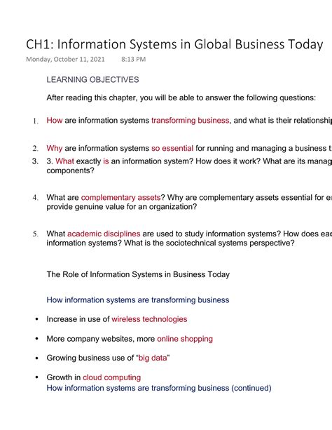 CH1 Information Systems In Global Business Today LEARNING OBJECTIVES