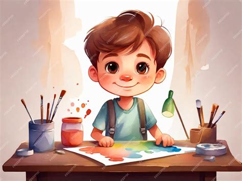 Premium Photo Cartoon Boy Painting Watercolor Illustration