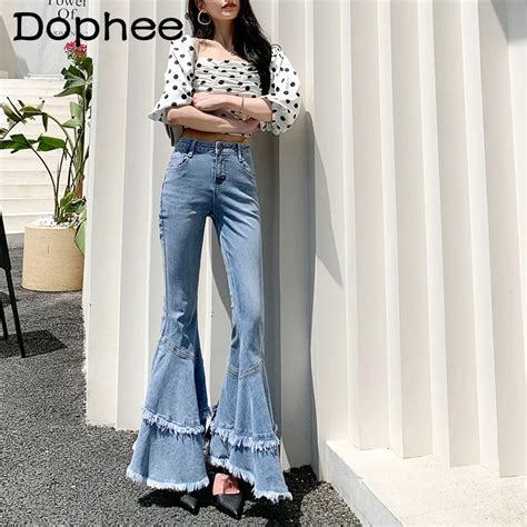 Street Frayed Big Flared Jeans Women 2022 Spring New Patchwork High Waist Trousers Slim Fit