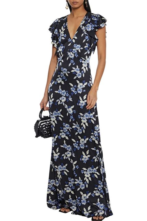 Veronica Beard Padma Ruffled Floral Print Stretch Silk Satin Maxi Dress