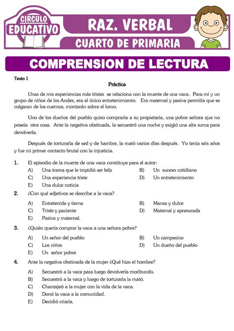 Comprension De Lectura Para Cuarto De Primaria Texto Pr Ctica Unas