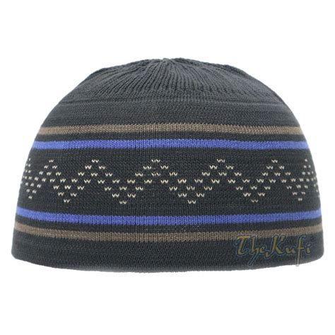 Dark Blue Brown Stripe Stretch Knit Zigzag Kufi Hat Skull Cap Beanie