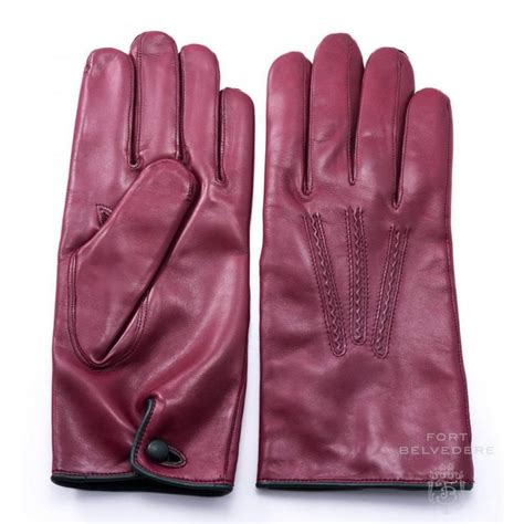 Burgundy Mens Dress Gloves With Button In Lamb Nappa Leather By Fort