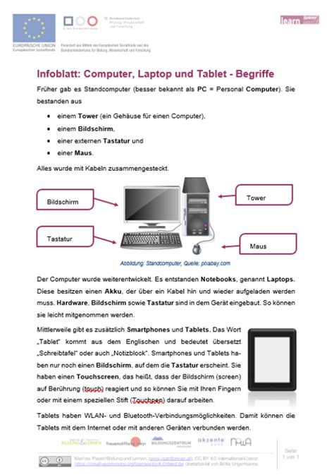 Infoblatt Computer Laptop Und Tablet Begriffe Basisbildung Und