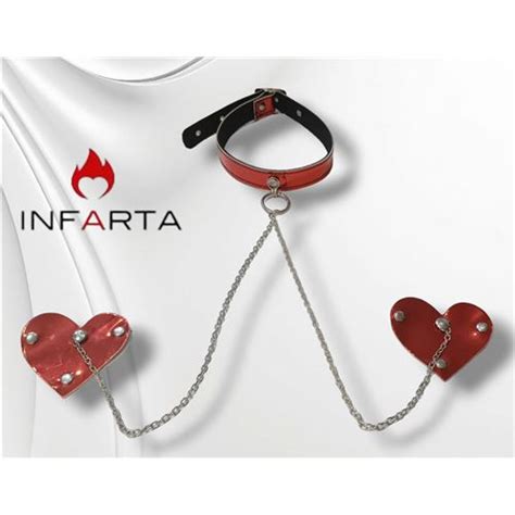 PEZONERAS DE CADENA CON COLLAR Y CORAZON ROJO Infarta Fetish Fetiche Pezoneras Sex Shop
