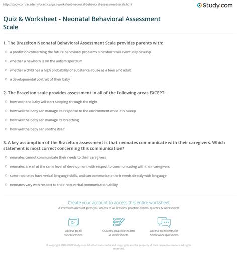 Quiz Worksheet Neonatal Behavioral Assessment Scale Study