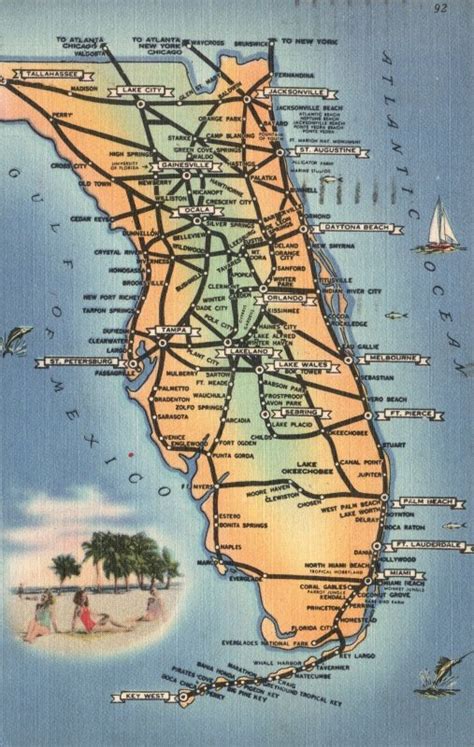 Vintage Postcard 1956 View Of Map Cities Beaches Of Beautiful Florida