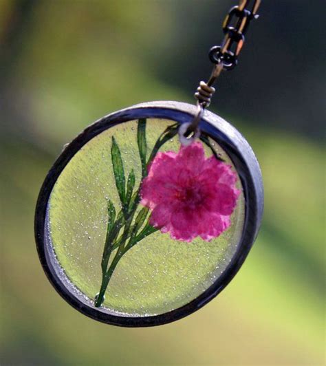 Pink Carnation And Green Fern Necklace Resin Flower Necklace Real