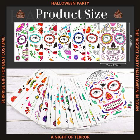 18 Pcs Day of the Dead Face Temporary Tattoos Halloween Transfers Face