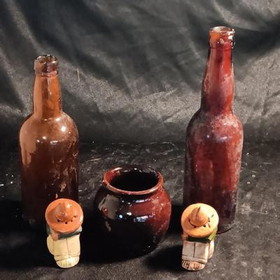 Sombrero Man Salt Pepper Shakers With Brown Bottles And Small Crock