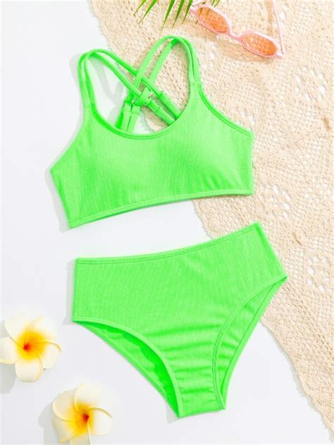 SHEIN Kids EVRYDAY Chicas Bañador bikini unicolor de espalda con tira cruzada Mode de Mujer
