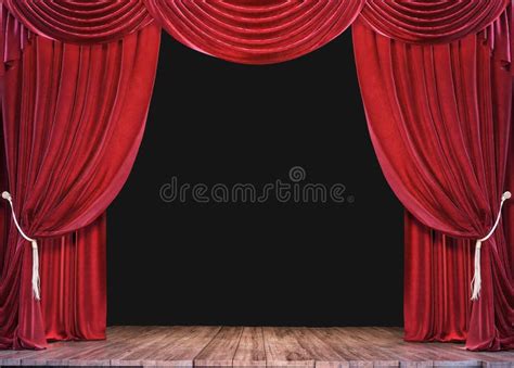 Empty Theater Stage with Wood Plank Floor and Open Red Curtains Stock ...