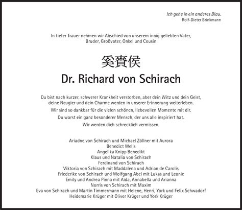 Traueranzeigen Von Richard Von Schirach SZ Gedenken De