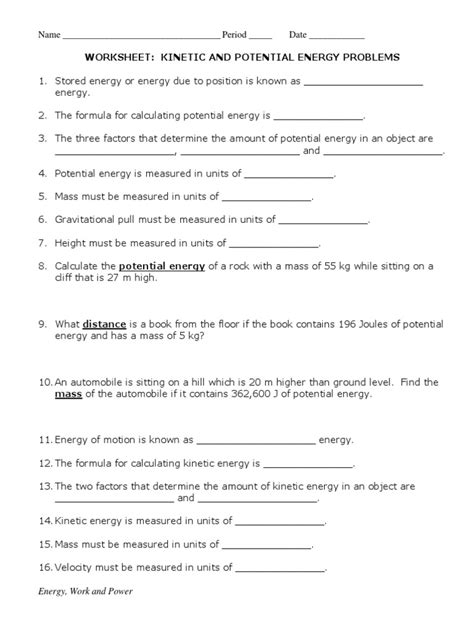 Work And Energy Worksheets Pdf Potential Energy Kinetic Energy