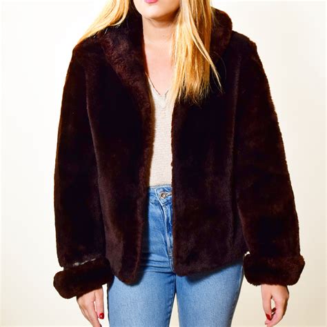 1940s Authentic Vintage Brown Faux Fur Open Swing Crop Jacket Womens Size Small Medium