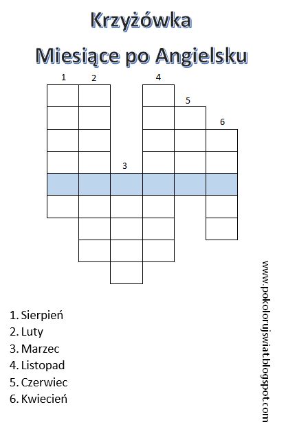 Krzyżówka Miesiące po Angielsku do wydrukowania Pokoloruj Świat