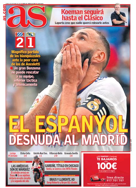 リーガ第8節エスパニョール戦翌日as紙一面：el Espanyol Desnuda Al Madrid（エスパニョールがマドリーを丸裸に