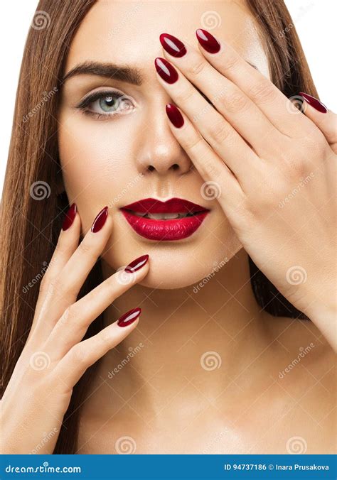 Woman Beauty Makeup Lips Nails Eyes Covering Face Make Up Stock Photo