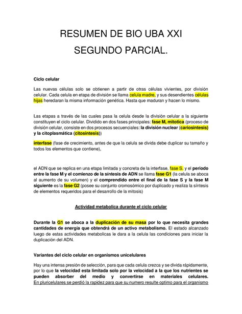 Resumen De Bio Uba Xxi P Resumen De Bio Uba Xxi Segundo Parcial