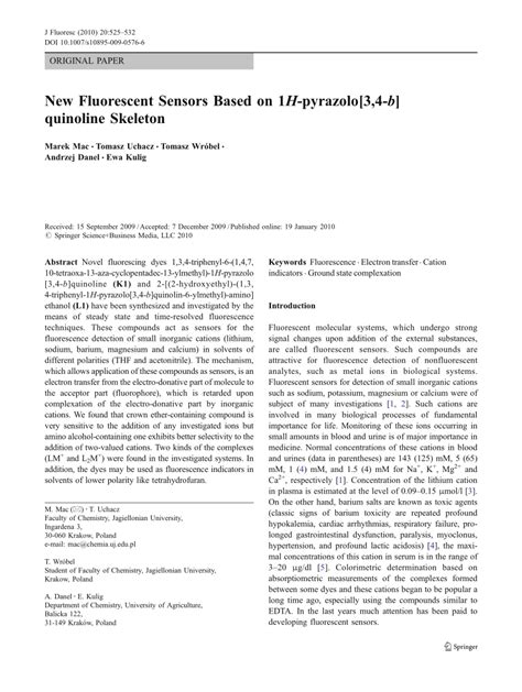 Pdf New Fluorescent Sensors Based On H Pyrazolo B Quinoline Skeleton