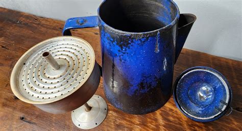 Vintage Dark Blue Speckled Graniteware Coffee Pot With Percolator Etsy