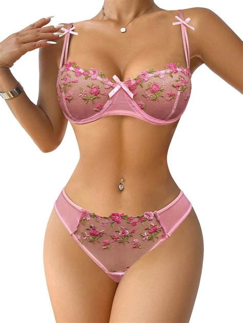 Lilosy Sexy Floral Embroidered Flower Mesh Underwire Push Up Lingerie