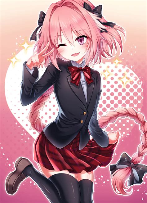 Safebooru 1boy D Androgynous Astolfo Fate Black Bow Black Jacket Black Thighhighs Bow