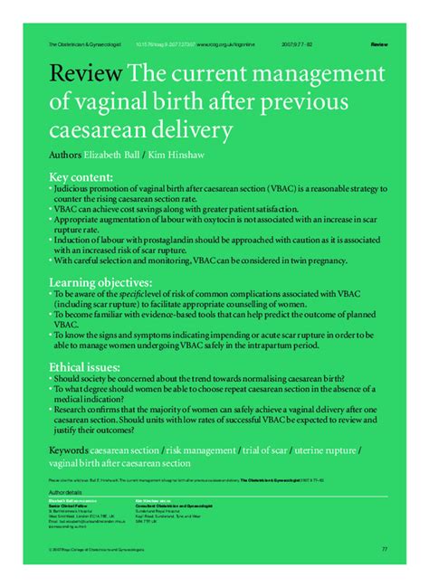 Pdf The Current Management Of Vaginal Birth After Previous Caesarean