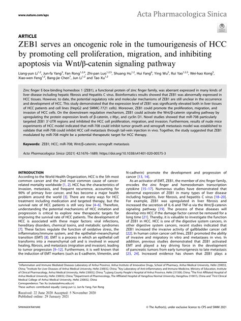 Pdf Zeb1 Serves An Oncogenic Role In The Tumourigenesis Of Hcc By Promoting Cell Proliferation