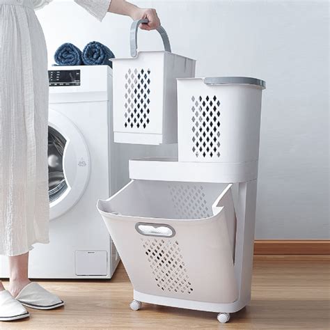 2 Tier Laundry Hamper Dirty Clothes Storage Basket Trolley Rolled Cart