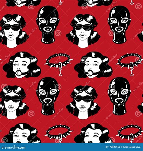 Black And White Bdsm Vintage Ink Woman With Collar Seamless Pattern Stock Illustration