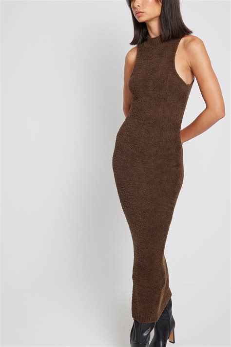 High Neck Sleeveless Knitted Midi Dress Brown Na Kd