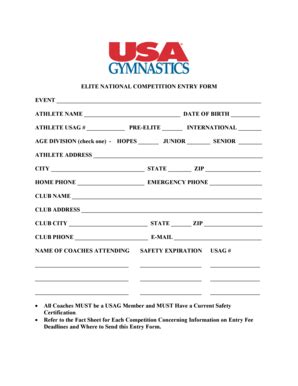 Fillable Online Usagym ELITE NATIONAL COMPETITION ENTRY FORM EVENT