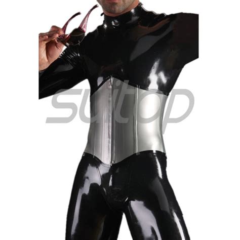 Suitop Fashional Mens Males Rubber Latex Corset In Silver And Black