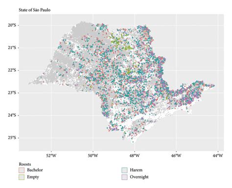 Geographic location of bat roosts visited in 2017-2018, colored by ...