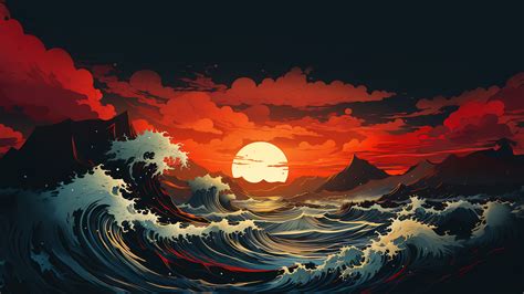 Sunset Ocean Waves Art 4K #2023a Wallpaper iPhone Phone