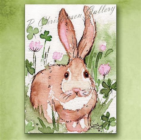 Aceo Irish Bunny And Shamrocks Small Canvas Paintings Original Fine