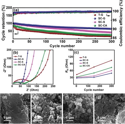 a Cycling stability of various electrodes measured at 1 A g¹ b EIS