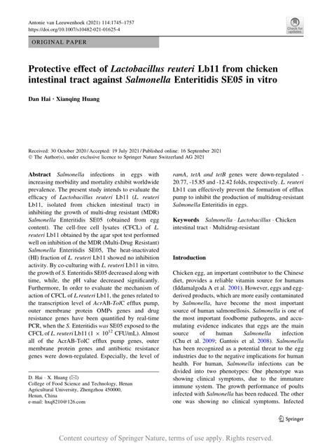 Protective Effect Of Lactobacillus Reuteri Lb From Chicken Intestinal