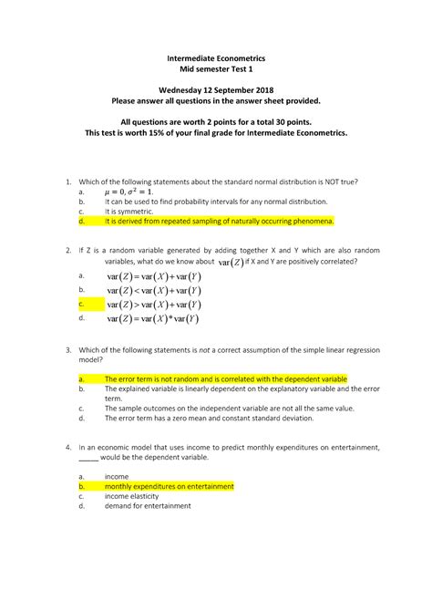 Test 1 30 May 2018 Questions And Answers Intermediate Econometrics Mid Semester Test 1