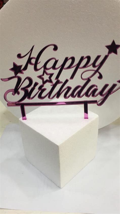 Cake Topper In Plexiglass A Specchio Happy Birthday Con Stelle Fucsia