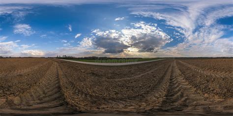 360 Hdri Panorama View Among Fields With Sunset Sky In Golden Hour In