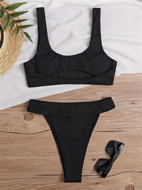 High Waist Bikini 2023 Sexy Ribbed Swimsuit Female Hollow Out Swimwear